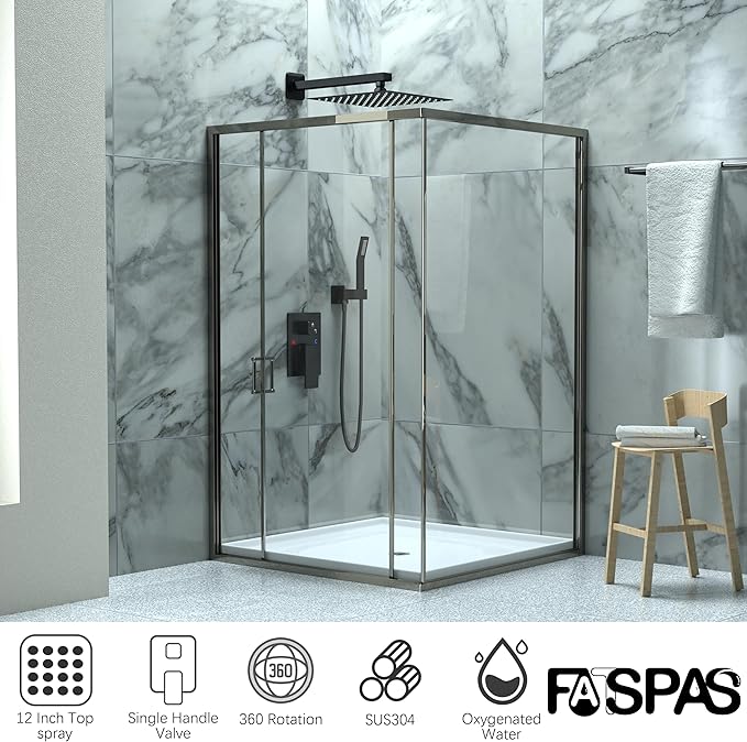 Shower Faucet Set, Shower System with 12 Inch Rain Showerhead and Handheld Shower, Wall Mounted High-Pressure Showerhead Combo Set Included Valve and Trim, Matte Black