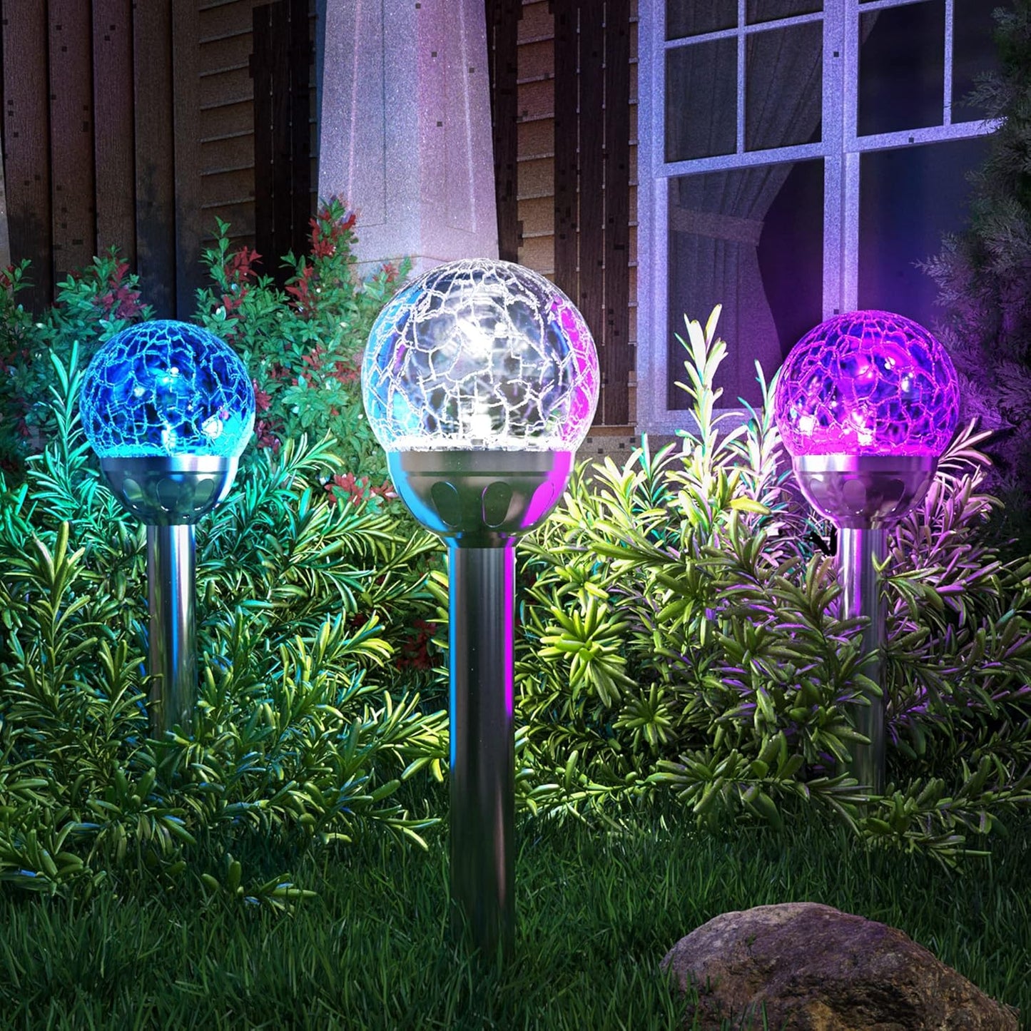 GIGALUMI Solar Outdoor, Cracked Glass Ball Solar Garden Lights, Color Changing Lights Outdoor,Garden LED for Path, Patio, Yard, 3 Pack Pathway