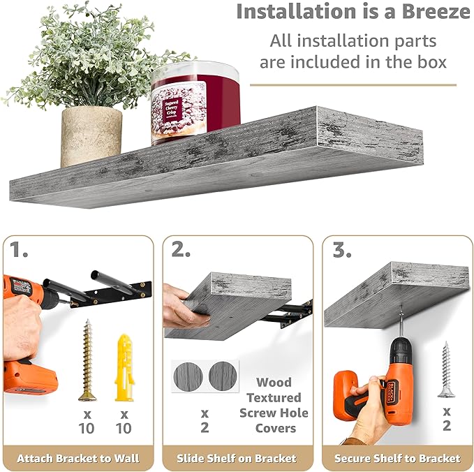 Sorbus Floating Shelves for Wall - 24" Bathroom Shelves, Wall Decor for Bedroom, Kitchen, Living Room, Home Decor & Book Storage - Mounted Floating Shelf with Invisible Brackets (Gray, 4 Pack)