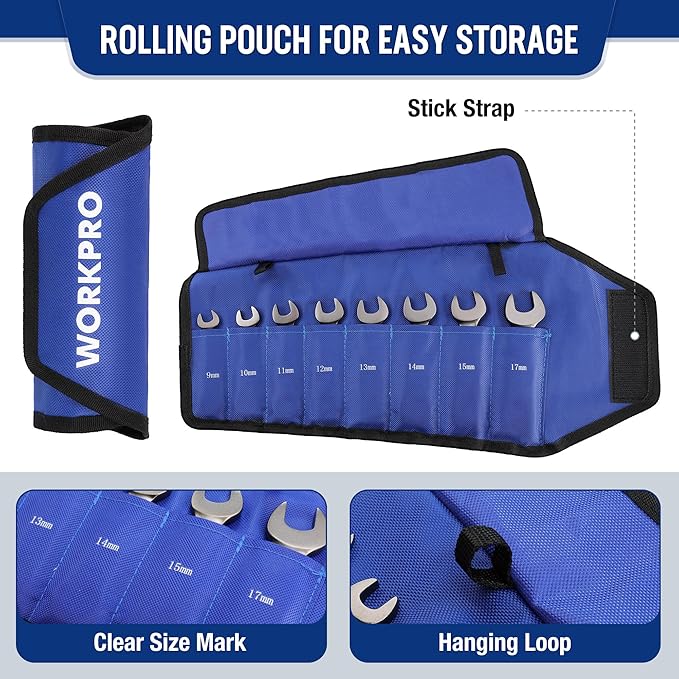 WORKPRO 8 Piece Flex Head Stubby Ratcheting Combination Wrench Set, Metric 9-17 mm, 72-Teeth, CRV, Nickel Plating with Rolling Pouch