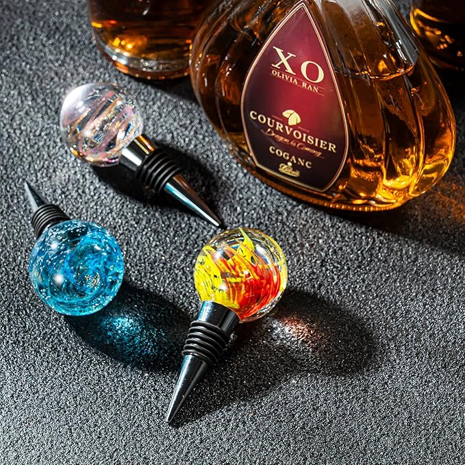 Hand Blown Glass Wine Stopper Bottle Stopper 2PCS - Wine Saver, Reusable Wine Corks for Beverage, Stainless Steel Wine Stopper