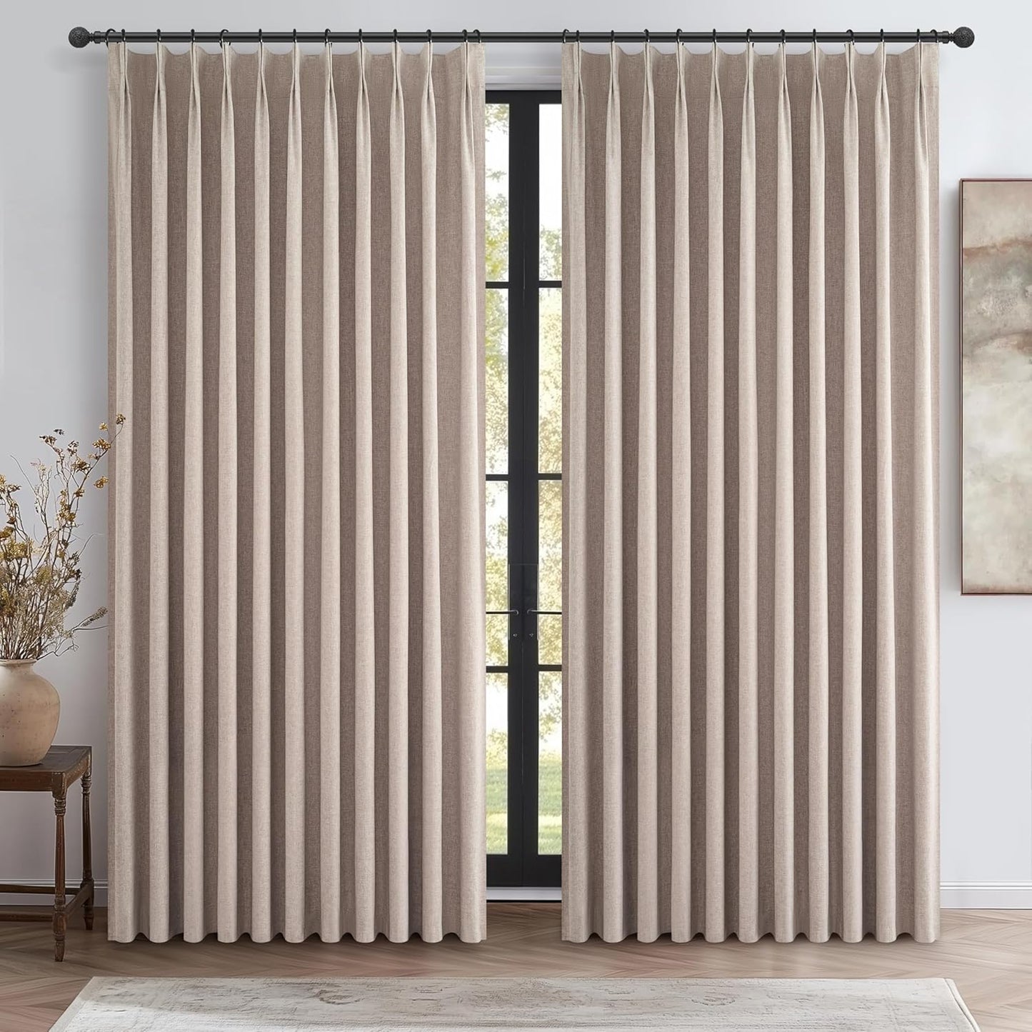 Extra Wide Linen Curtains for Living Room/Bedroom 2 Panels Set, Rustic Country Pinch Pleated Blackout Burlap Curtain Thermal Soundproof with Ceiling Track (70"Wx90"L) for 60 Inches Wide Windows