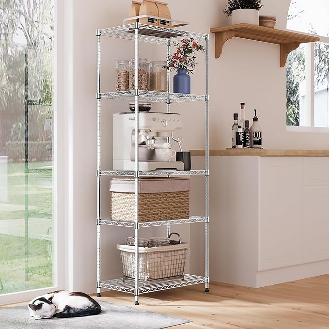 IZEUK 5-Tier Chrome Metal Storage Shelves, Adjustable Wire Shelving Unit for Kitchen, Bathroom, Pantry, Office, Garage, Organizer Wire Rack, 1250 lbs, 13.7" D x 23.6" W x 53.4" H