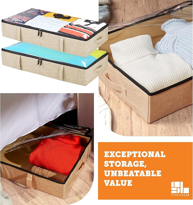 storageLAB Under Bed Storage Containers, Closet Organizers with Sturdy Handles for Clothes, Comforters, and Accessories, Use Under or at the End of the Bed - 2 Pack, Reinforced, Beige