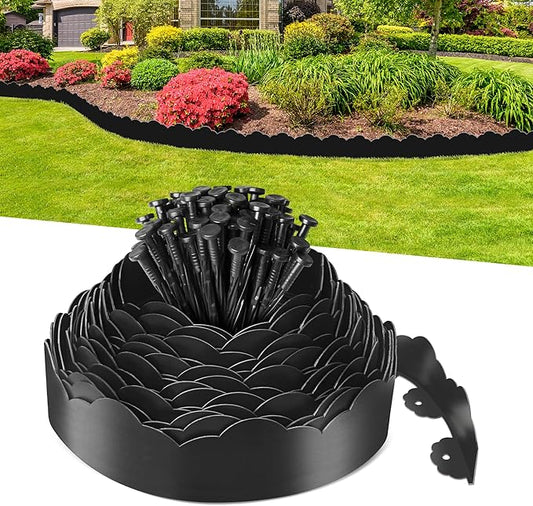 Landscape Edging Border 4 in Tall 33FT No Dig Garden Edging Borders with 50pcs Spikes Plastic Lawn Edging for Yard, Pathway and Flower Beds Fence, Black