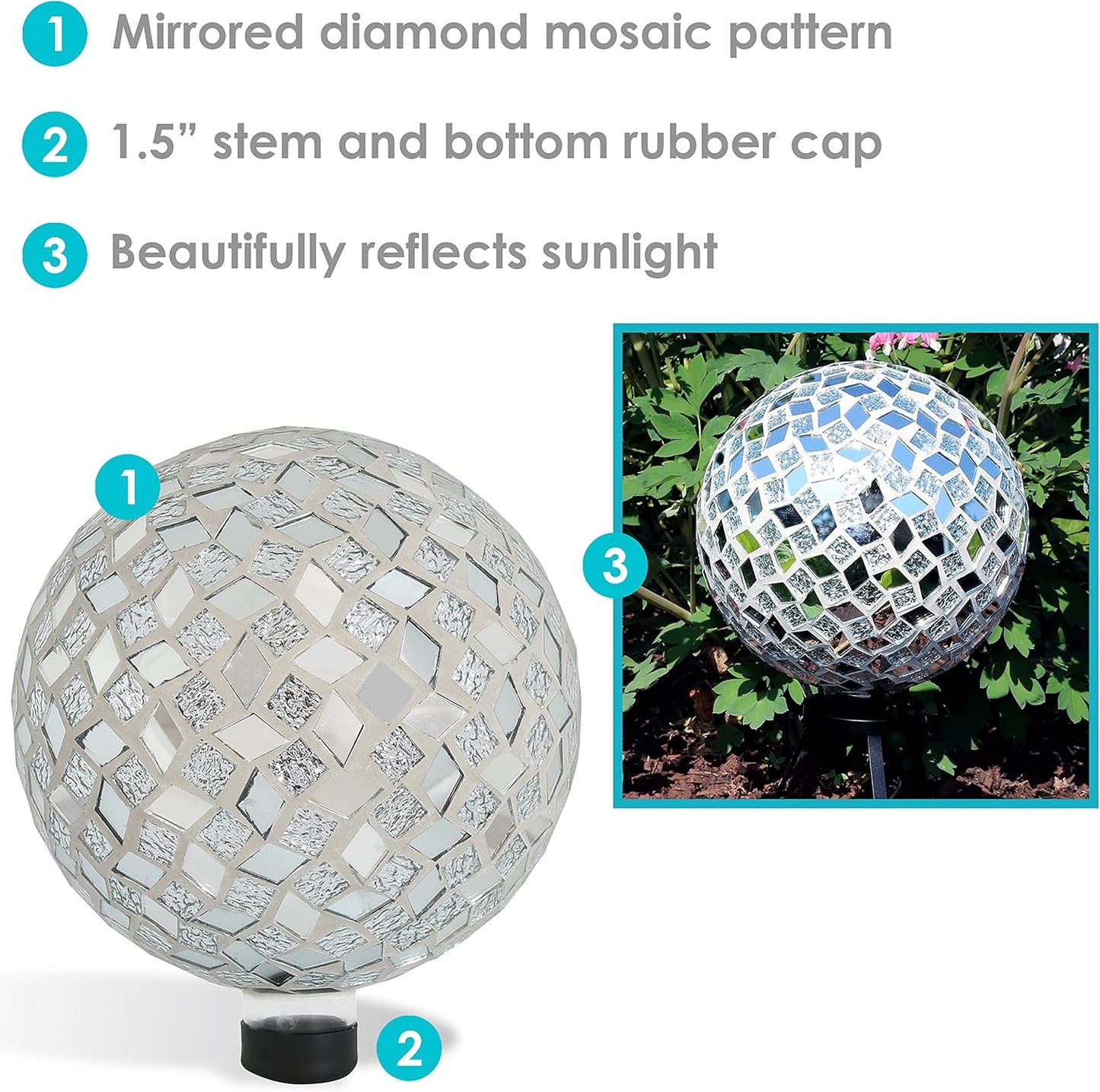 Sunnydaze 10-inch Gazing Ball for Garden - Crackled Glass Mosaic Gazing Globe for Outside - Mirrored Diamond Mosaic