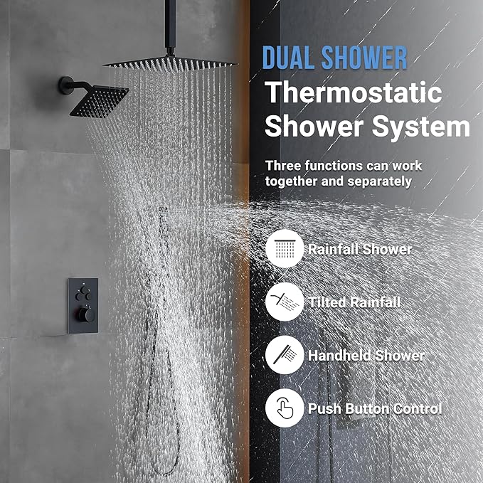 Thermostatic Dual Shower Heads System with Ceiling 12-Inch Rainfall Shower & Wall Mount 6-Inch High Pressure Shower Head, Matte Black Full Body Shower Faucet Set with Handheld Sprayer