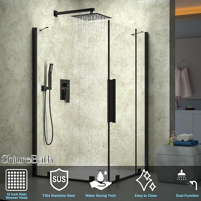 10 Inch Shower Faucet Set, Rainfall Shower System with Square Fixed Shower Head and High Pressure Handheld Shower Head, Spray Wall Mounted Rainfall Shower Fixtures, Matte Black
