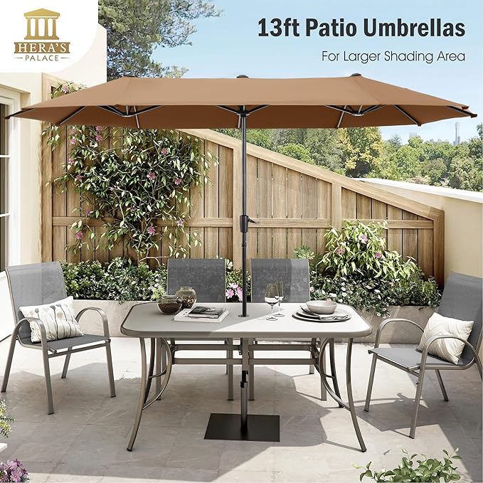 HERA'S PALACE 13 ft Large Patio Umbrella Double-Sided Outdoor Market Umbrella for Poolside Lawn Garden Powerful UV Protective, Tawny