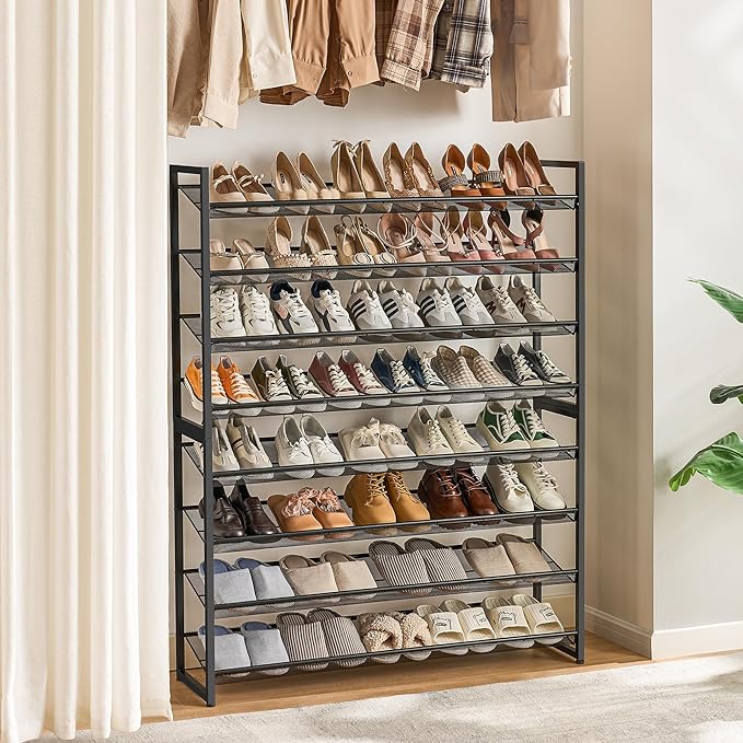 Shoe Rack, Long Shoe Organizer,Max Holds 50 Pairs,8 Tier Metal Shoe Storage Shelf,4-Tier Stackable Shoes Organizer for Garage, Entryway, Black
