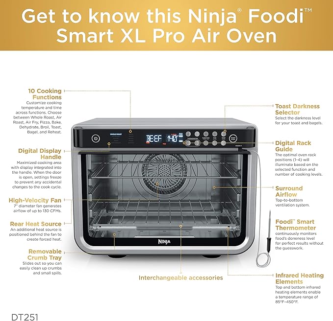 Ninja DT251 Foodi 10-in-1 Smart XL Air Fry Oven, Bake, Broil, Toast, Roast, Digital Toaster, Thermometer, True Surround Convection up to 450°F, includes 6 trays & Recipe Guide, Silver