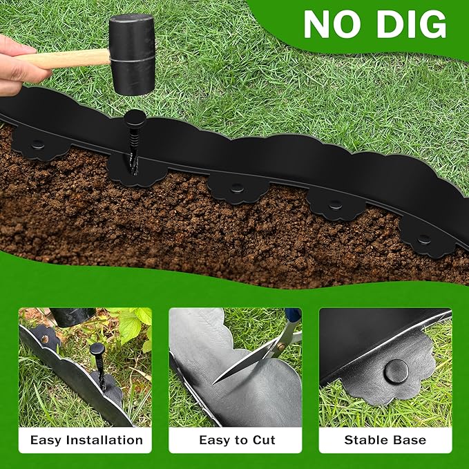 Landscape Edging Border 4 in Tall 33FT No Dig Garden Edging Borders with 50pcs Spikes Plastic Lawn Edging for Yard, Pathway and Flower Beds Fence, Black