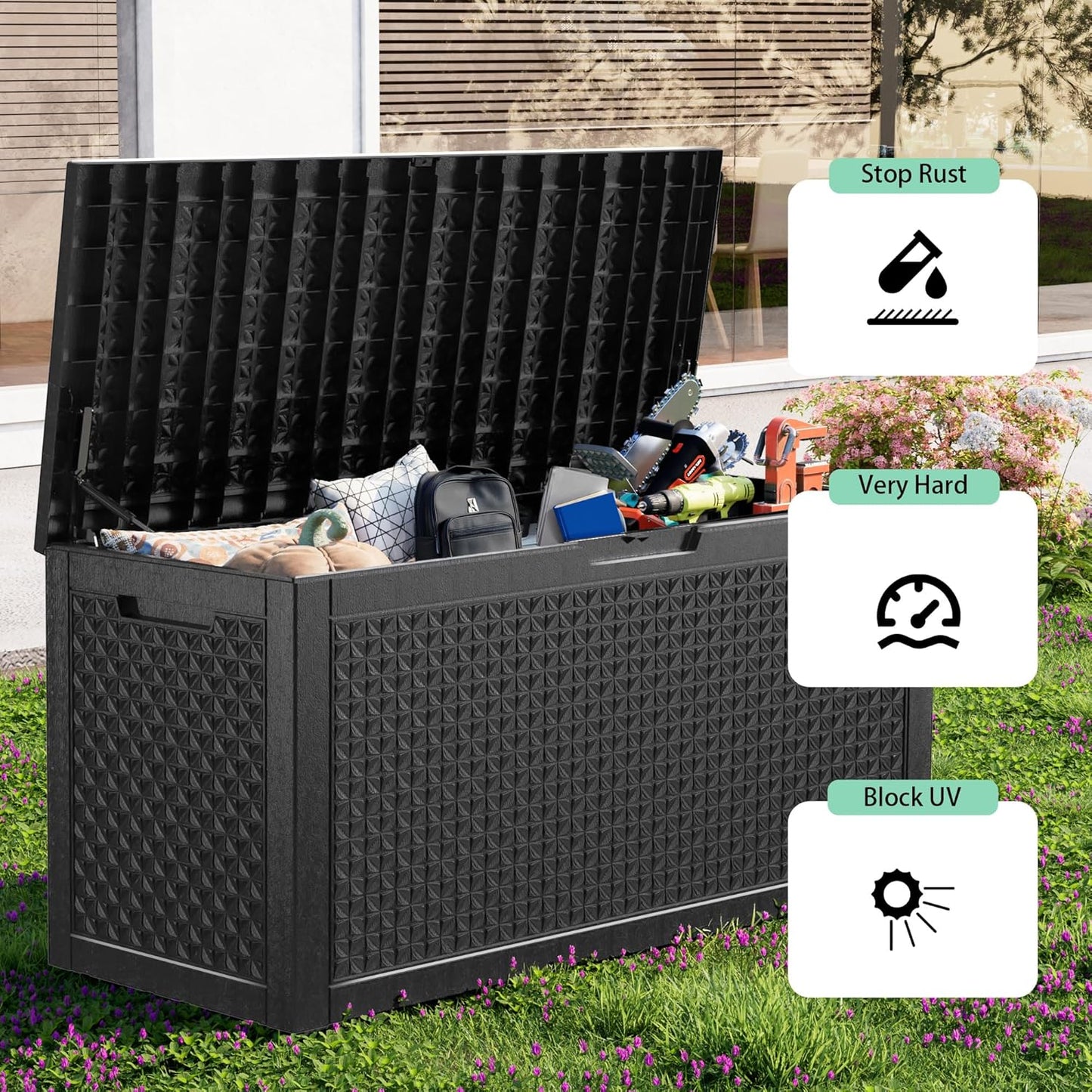 100 Gallon Resin Deck Box, Lockable Outdoor Storage Box for Patio Cushions Storage Furniture,Garden Tools, Pool Supplies, Weatherproof and UV Resistant（Black L）
