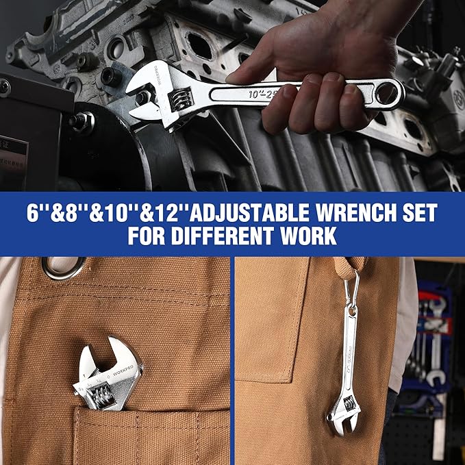 WORKPRO 4-piece Adjustable Wrench Set, Forged, Heat Treated, Chrome-plated (6-inch, 8-inch, 10-inch, 12-inch)