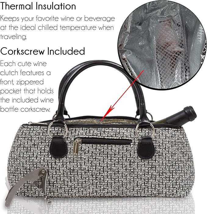 Wine Clutch Bag (Thermal Insulated) Trendy Women’s Carry Tote | Holds Red & White 750mL Bottles | Trendy Fashion | Incl. Portable Waiter-Style Corkscrew (Black Tweed)