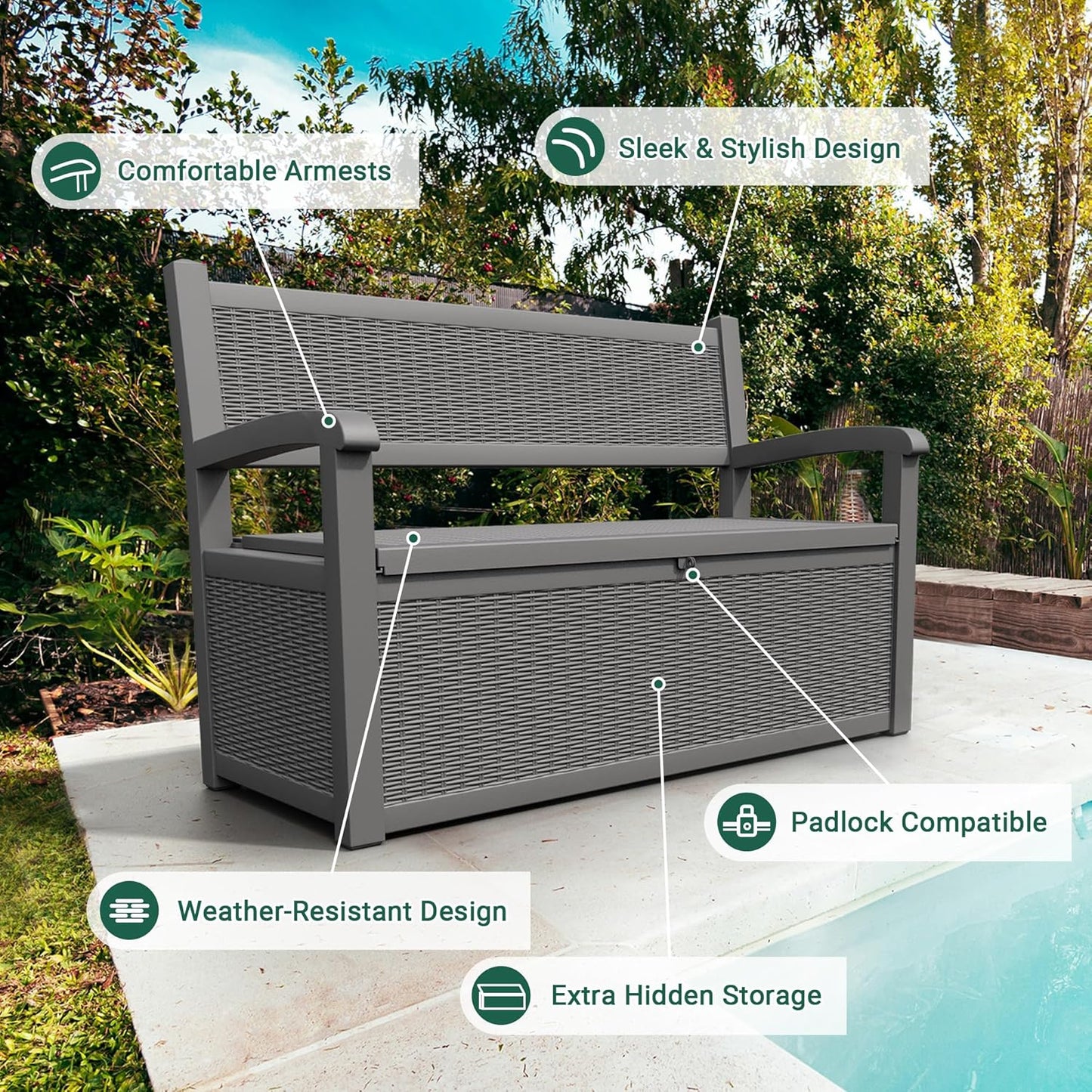 70 Gallon Outdoor Storage Bench Deck Box Lockable for Patio Furniture, Outdoor Porch Bench with Storage Waterproof for Cushions, Garden Tools and Pool Supplies, Grey