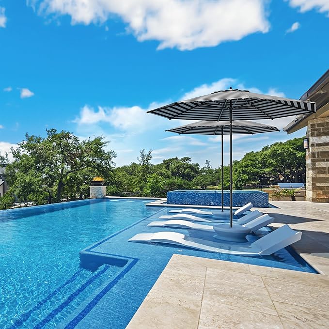 Midtown Umbrellas Push Pop Sunbrella Umbrella 8 Feet Outdoor Umbrella in Black & White Acrylic Fabric - Patio, Backyard, Garden, Picnic Table & Pool - Black Pole