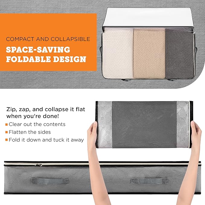 storageLAB Under Bed Storage Containers - Foldable Closet Organizer with Clear Top, Sturdy Handles - 7L Capacity Storage Box for Clothing, Comforter, Blanket, and Shoe - 2 Pack, Soft-Sided, Gray