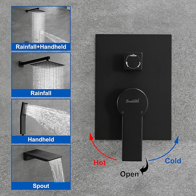 SHAMANDA Shower System with Waterfall Tub Spout and Handheld Shower Head, 10" Rain Shower Faucet Sets Complete with Shower Round-in Valve and Trim Wall Mount, Matte Black, L1010-7