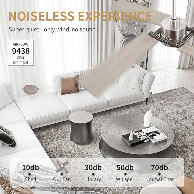 WINGBO 72 Inch DC Ceiling Fan with Lights and Remote, 4 Plywood Blades, 6-Speed Reversible DC Motor, Dimmable, 3CCT, Farmhouse Large Ceiling Fan for Bedroom Living Room Patio, Brushed Nickel and Gray