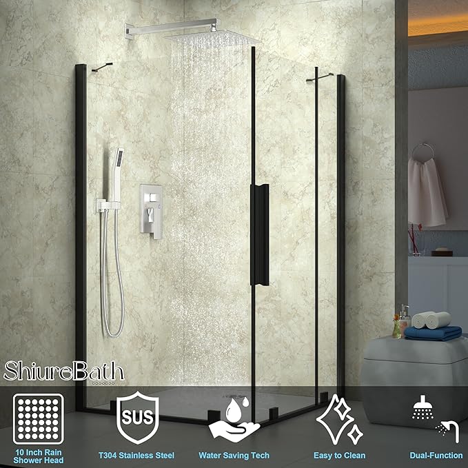 10 Inch Shower Faucet Set, Rainfall Shower System with Square Fixed Shower Head and High Pressure Handheld Shower Head, Spray Wall Mounted Rainfall Shower Fixtures, Brushed Nickel