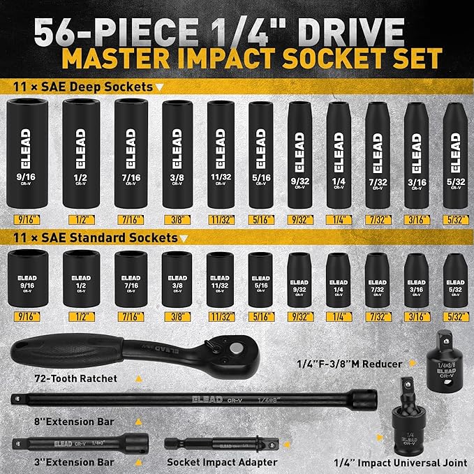 ELEAD 1/4" Drive Impact Socket Set, 56-Piece Standard SAE (5/32 to 9/16 inch) and Metric (4-15mm) Size, Deep & Shallow, 6 Point, Cr-V, 72-Tooth Ratchet Handle, Extension Bar, Universal Joint