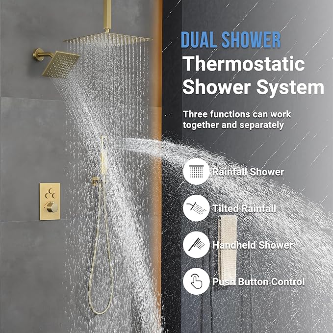 Brushed Gold Thermostatic Shower System with Ceiling 12-Inch Rainfall Shower & Wall Mount 6-Inch High Pressure Shower Head, Dual Shower Heads Set with Handheld Sprayer Full Body Shower Faucet