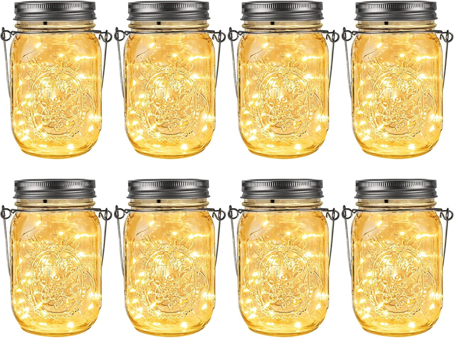 GIGALUMI Solar Mason Jar Lights, 8 Pack 30 Led String Fairy Lights Garden Lights Outdoor Waterproof Metal Lid Hanging Solar Lanterns for Outdoor, Garden, Patio, Lawn, Balcony Decoration