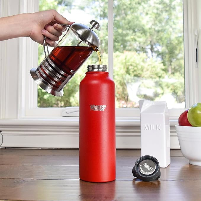 Healthy Human Stainless Steel Water Bottle | Double Walled Vacuum Insulated Water Thermos for Adults | Eco-Friendly Travel Bottles with Leak Proof Lid (Red Hot, 40 oz / 1183 ML)
