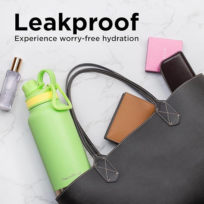 ThermoProof Double Walled Vacuum Insulated Stainless Steel Water Bottle - 32oz, Straw Lid & Spout Lid - Leak Proof - Gym, Hiking Bottles for Men, Women & Kids - Hot & Cold (Navy 32oz)