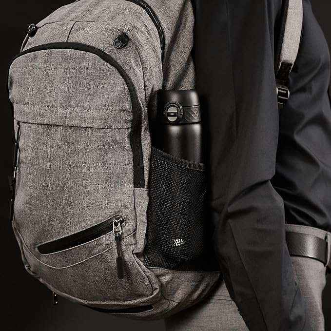 ION8 Steel Water Bottle, 600 ml/20 oz, Leak Proof, Easy to Open, Secure Lock, Dishwasher Safe, Hygienic Flip Cover, Fits Cup Holders, Carry Handle, Durable, Scratch Resistant, Carbon Neutral, Black