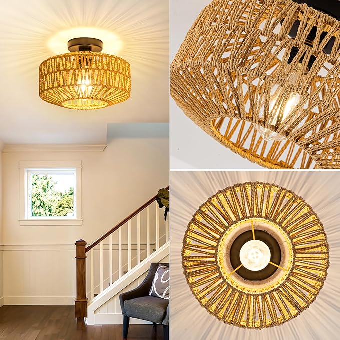 MAYNA Rattan Ceiling Light Fixture, Hand-Woven Boho Light Fixtures Ceiling Mount, Rattan Flush Mount Ceiling Light for Farmhouse Hallway Bedroom Kitchen Entryway Living Room (Black)