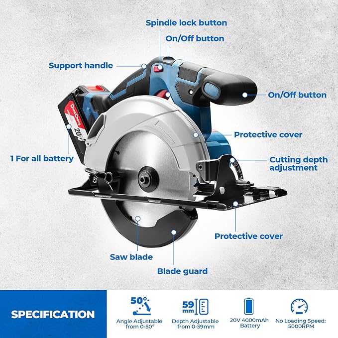 Dong Cheng Cordless Circular Saw 6-1/2-Inch 840W, Cutting Depth 59mm, 0-50° Adjustable with Dust Collection Adaptor, 24T & 40T TCT Blade Included, Battery and Charger Kit (4.0Ah)