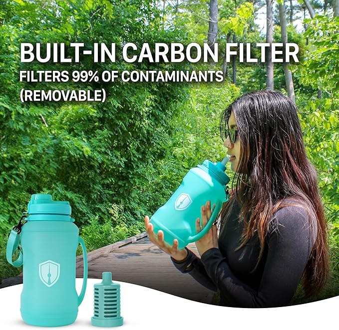 Collapsible Water Bottle for Traveling, Workout or Hiking 64oz Gen 2.0 - Motivational Water Bottle with Time Markings - Half Gallon / 2 L Capacity - BPA Free & Dishwasher Safe (Fresh Teal + Filter)