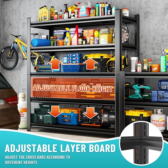 Heavy Duty 5-Tier Shelving Unit 2500LBS Capacity - Adjustable Steel Garage Shelves for Warehouse, Basement Storage(35.4''W×11.8''D×77''H)