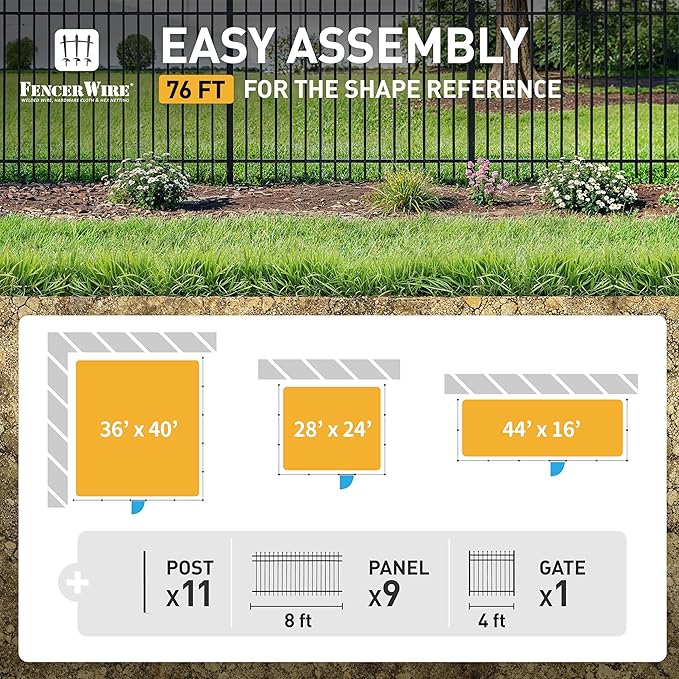 Fencer Wire 76FT Heavy Duty Pinnacle Fence Barrier Kit, Anti-Rust Metal Steel Fence with 6FT Height X 8FT Width Panels, Gate, Posts, Connectors, 2” Diameter Outdoor Fencing for Yard, Pool, Patio