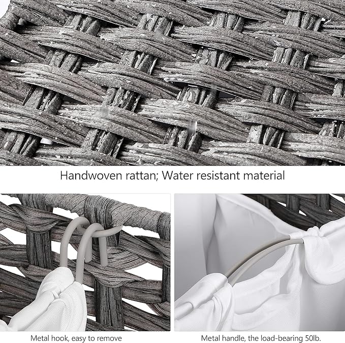 Laundry Hamper with 4 Removable Liner Bags; 176L Handwoven Rattan Laundry Basket with Lid & Heightened Feet; Clothes Hamper with Side Handles(Gray)