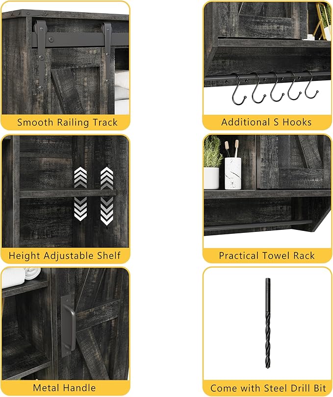 Farmhouse Medicine Cabinet 2 Sliding Barn Doors 3 Tier Rustic Wood Wall Storage Cabinet Adjustable Shelf Towel Bar Wall Mounted Bathroom Wall Cabinet