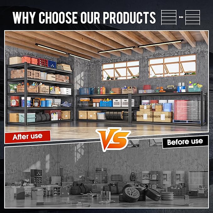 59.8" W x 72.2" H x 24.2" D Storage Shelves Metal Shelving, 3000LBS Garage Shelving Unit with Adjustable Shelf, 5 Tier Storage Rack for Garage, Pantry, Warehouse, Basement, Black