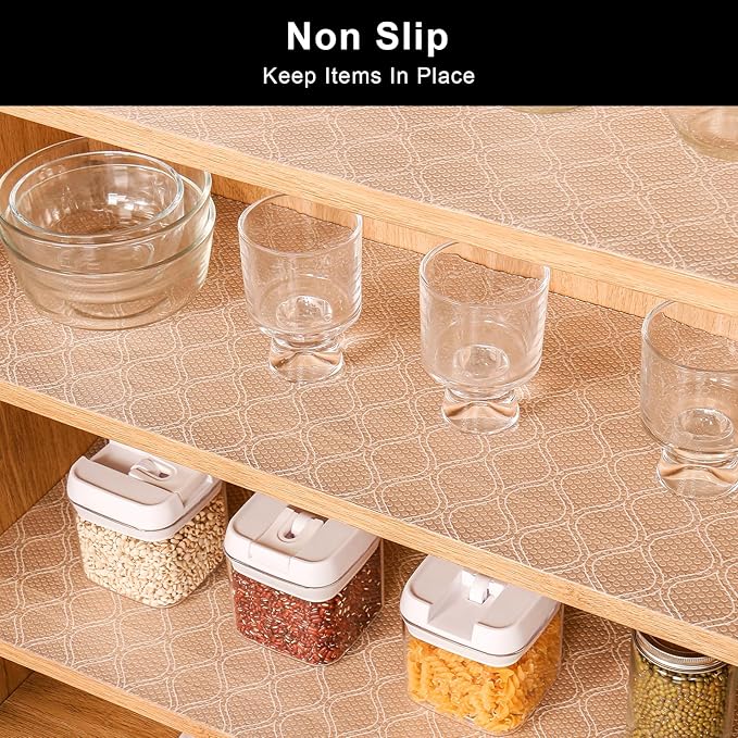 Cooyes Shelf Liner Drawer Liners, Shelf Liners for Kitchen Cabinets, Non Adhesive Cabinet Liner, EVA Waterproof Oil-Proof Non-Slip Refrigerator Liners for Shelves (Transparent, 17.7 Inches x 30 FT)