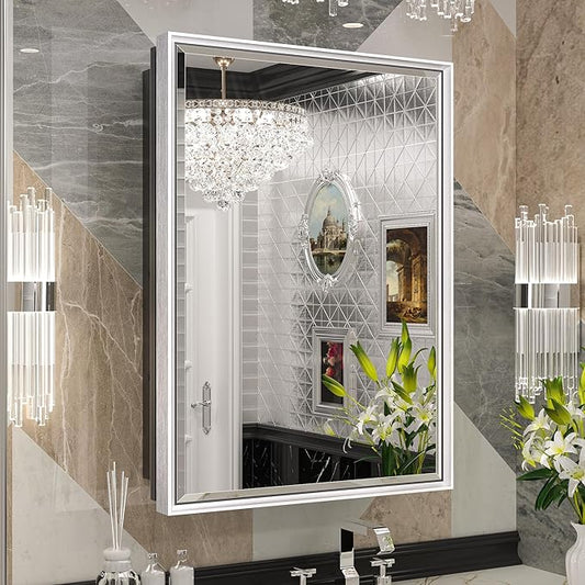 Keonjinn 17" x 25" Silver Bathroom Medicine Cabinets with Mirror, Recessed or Surface Wall-Mounted Aluminum Alloy Framed Beveled Mirror with Storage, 2 Adjustable Shelves for Bath Modern