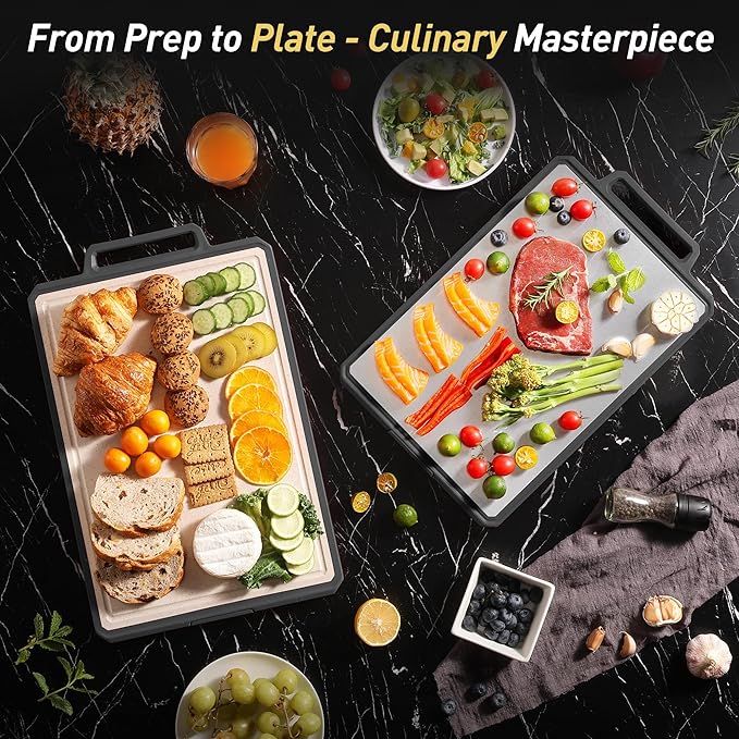 Titanium Cutting Boards for Kitchen Non Toxic Chopping Board with Handle Large Big Small Kitchen Meat Butcher Block 2 in 1 Pure Titanium and Wheat Straw PP Not Wood Bamboo Plastic Teak Grey/Beige