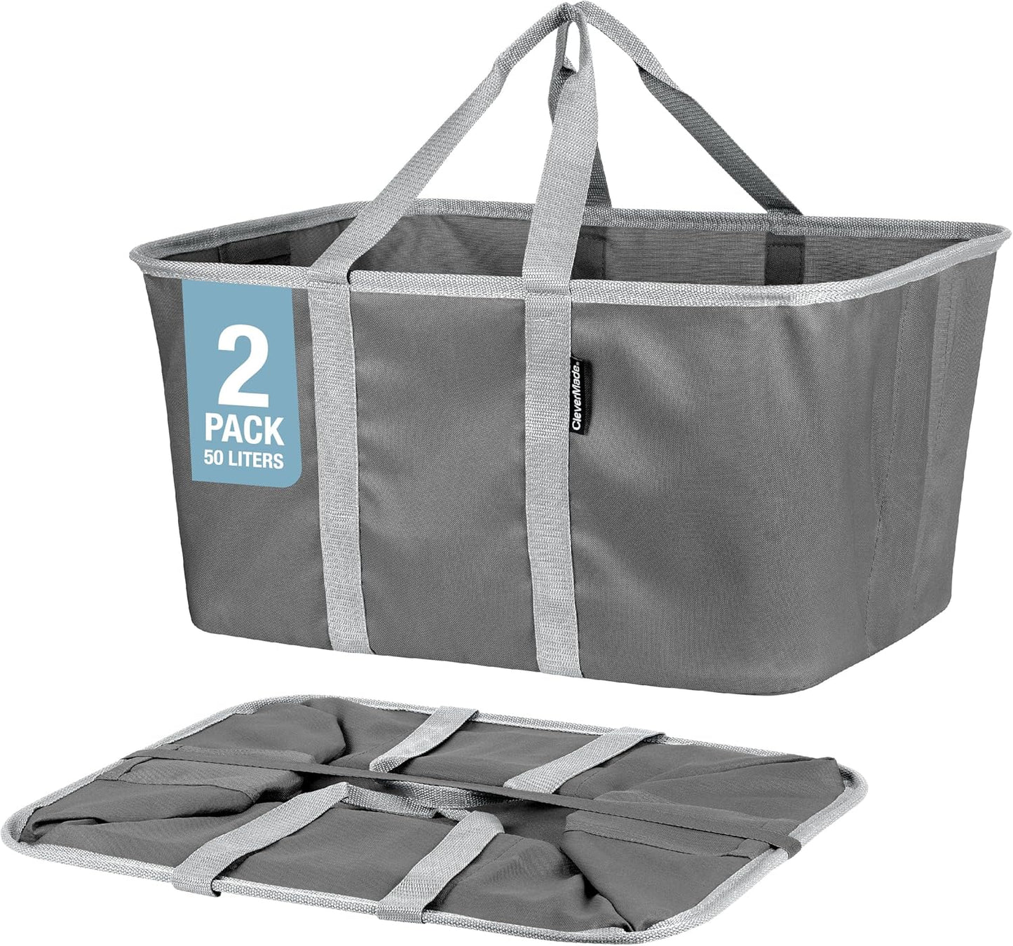 CleverMade Collapsible Laundry Tote - Charcoal Gray 2-Pack 50L - Foldable Storage Organization Container for Clothes Laundry Room Storage Solution