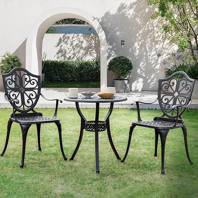 NUU GARDEN 3 Piece Outdoor Bistro Set All Weather Cast Aluminum Patio Set Bistro Table Set Rustproof Patio Table and Chairs with Umbrella Hole for Backyard, Balcony, Front Porch, Black