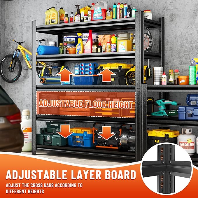 Heavy Duty 5-Tier Shelving Unit 2500LBS Capacity - Adjustable Steel Garage Shelves for Warehouse, Basement Storage(63''H x 45.3''W x 17.7''D)