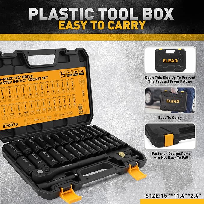 ELEAD 1/2" Drive Deep Impact Socket Set: 30-Piece Standard SAE (3/8 to 1 Inch) and Metric (10-24mm) Size, 3" and 5" Drive Extension Bar, Ratchet Handle, Bit Adapter, CR-V Steel for Auto Repair