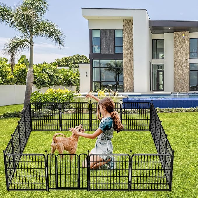24 in(H) Decorative Garden Fence with Gate,16 Panels Total 31.4 Ft(L) Heavy Duty Iron Animal Barrier Fence for Yard,Suitable for Indoor Pet Or Outdoor Dog Fencing, Garden Border Fence