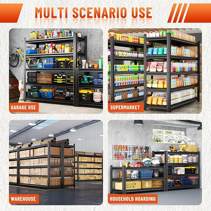 Heavy Duty 5-Tier Shelving Unit 2500LBS Capacity - Adjustable Steel Garage Shelves for Warehouse, Basement Storage(63''H x 45.3''W x 17.7''D)