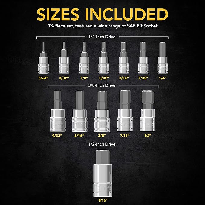 LEXIVON HEX Bit Socket Set, Premium S2 Alloy Steel | 13-Piece SAE 5/64" - 9/16" Set | Enhanced Storage Case (LX-142)