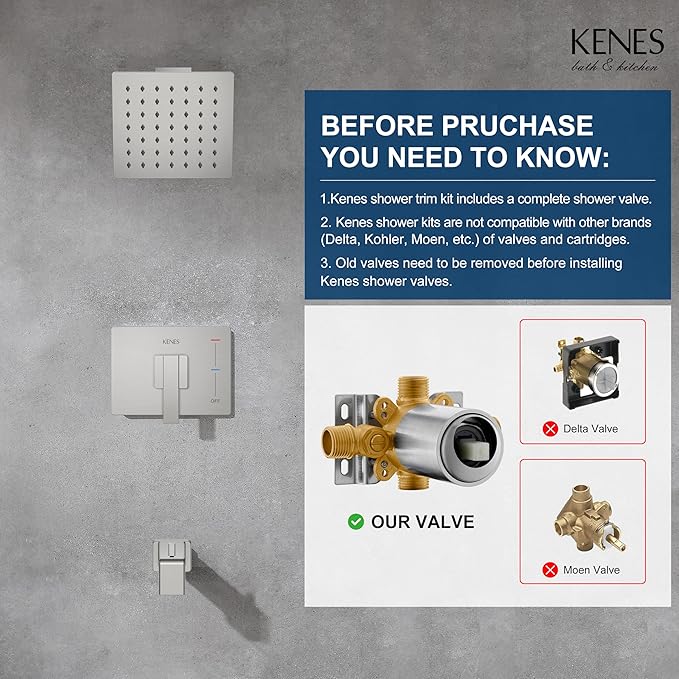 KENES Brushed Nickel Tub and Shower Trim Kit, Shower Faucet with Single-Spray Rain Shower Head, Square Stainless Shower Faucet Set, KE-6025A (Shower Valve Included)